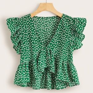 V-neck Ditsy Floral Ruffle Hem Blouse